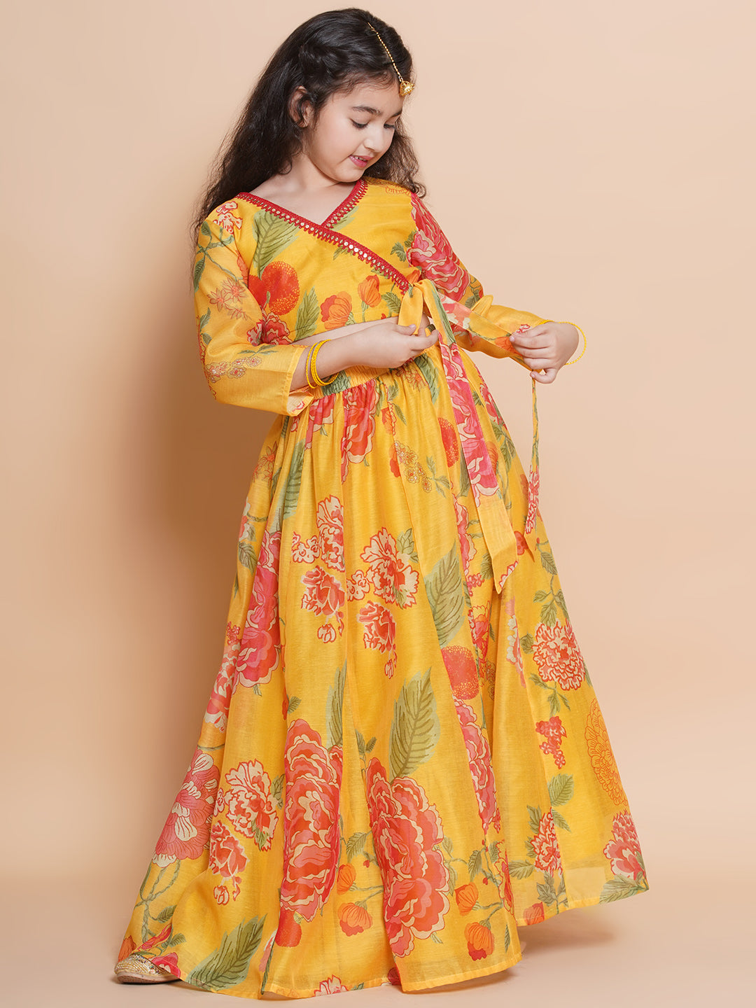 Girls Yellow Printed Ready to Wear Choli & Lehenga