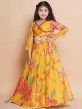 Girls Yellow Printed Ready to Wear Choli & Lehenga