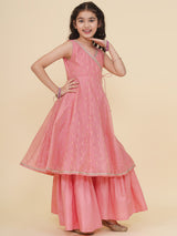 Girls Peach & Brown Zig Zag Flower Digital Print Choli & Ready to Wear Lehenga