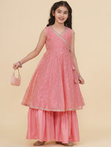 Girls Peach & Brown Zig Zag Flower Digital Print Choli & Ready to Wear Lehenga