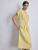 Women's Mustard Geo Print Twist Knot Dress