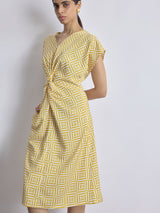 Women's Mustard Geo Print Twist Knot Dress