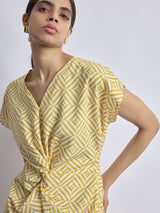 Women's Mustard Geo Print Twist Knot Dress