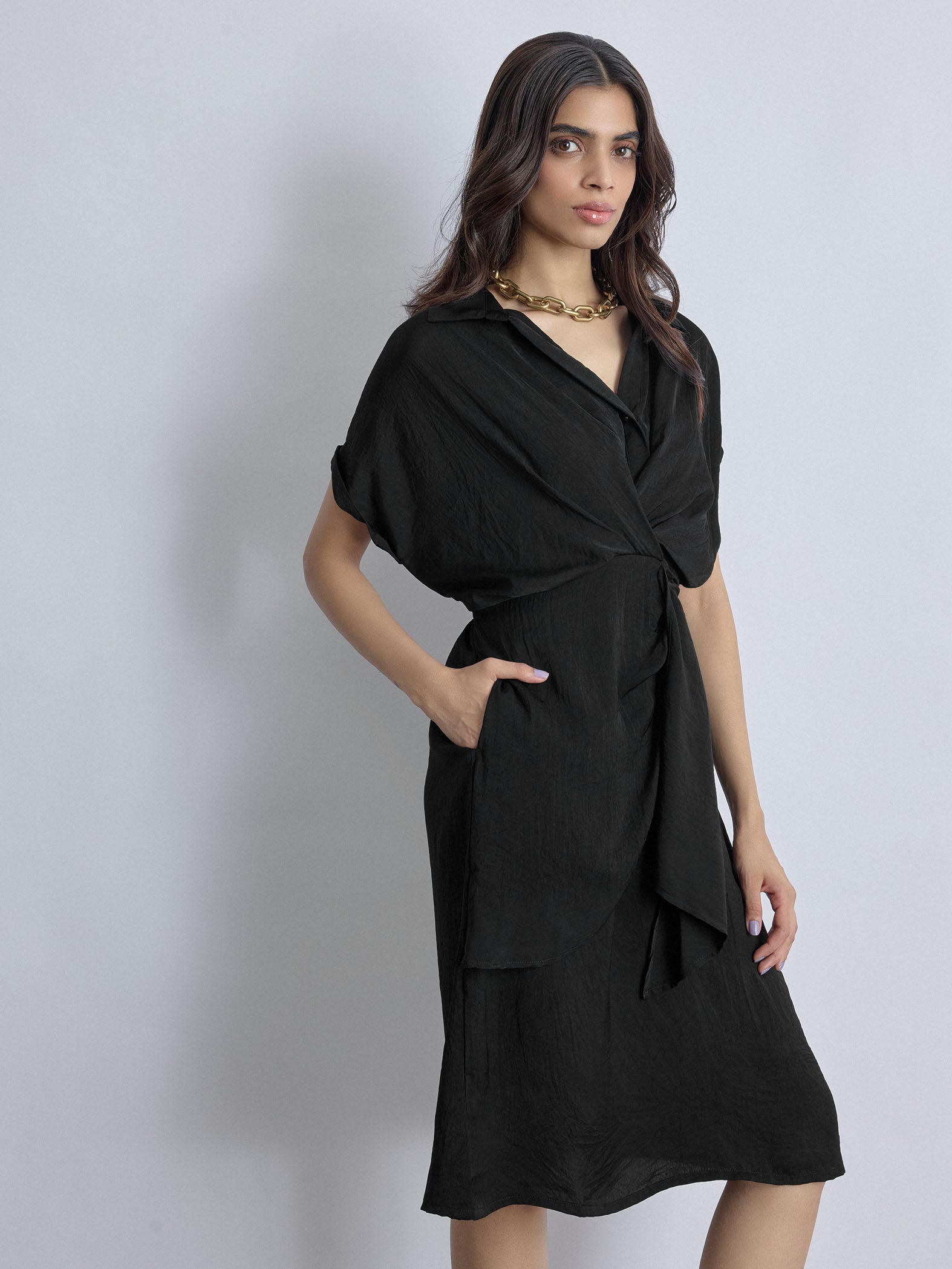 Women's Black Pleated Drape Dress