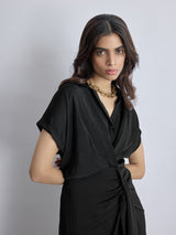 Women's Black Pleated Drape Dress