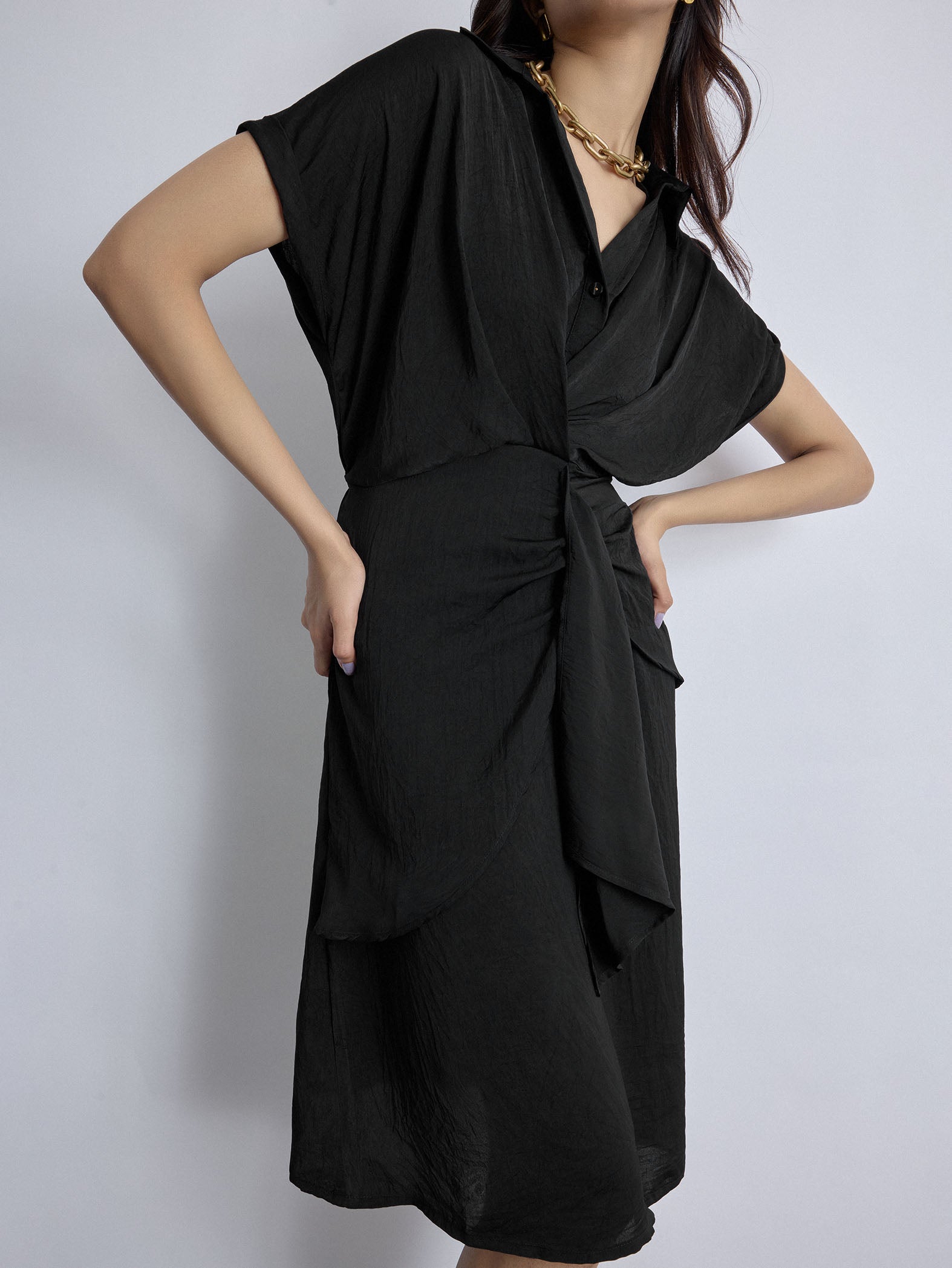 Women's Black Pleated Drape Dress