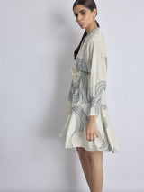 Women's White Groovy Print Front Tie Dress