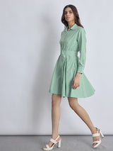 Women's Green Striped Godet Shirt Dress