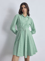 Women's Green Striped Godet Shirt Dress