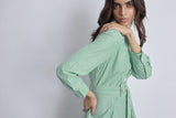 Women's Green Striped Godet Shirt Dress