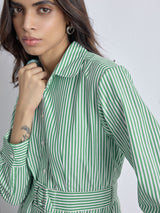 Women's Green Striped Godet Shirt Dress