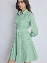 Women's Green Striped Godet Shirt Dress