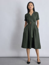 Women's Dark Fern Linen Belted Dress