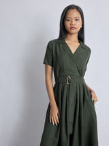 Women's Dark Fern Linen Belted Dress