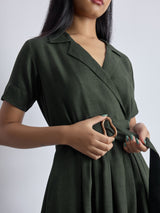 Women's Dark Fern Linen Belted Dress