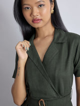 Women's Dark Fern Linen Belted Dress