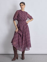 Women's Maroon Ditsy Floral Smocked Dress