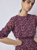 Women's Maroon Ditsy Floral Smocked Dress