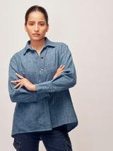 Women's Slate Blue Linen Gold Button Top
