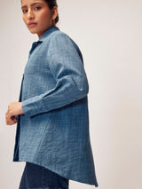 Women's Slate Blue Linen Gold Button Top