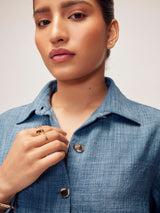 Women's Slate Blue Linen Gold Button Top