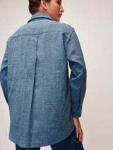 Women's Slate Blue Linen Gold Button Top