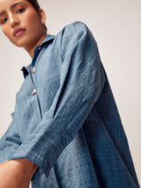 Women's Slate Blue Linen Gold Button Top