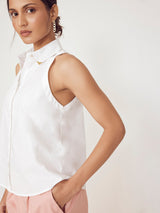 Women's White Collar Pin Detail in Cut Shirt
