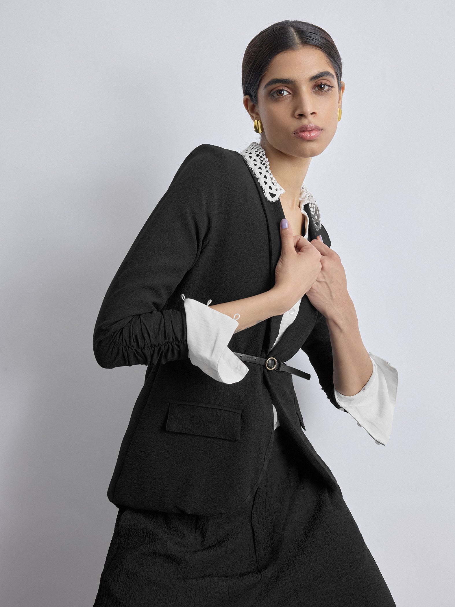 Women's Black Ruched Sleeve Blazer