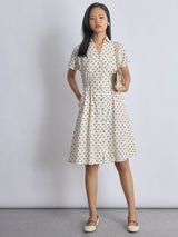 Women's Cream and Blue Polka Midi Dress