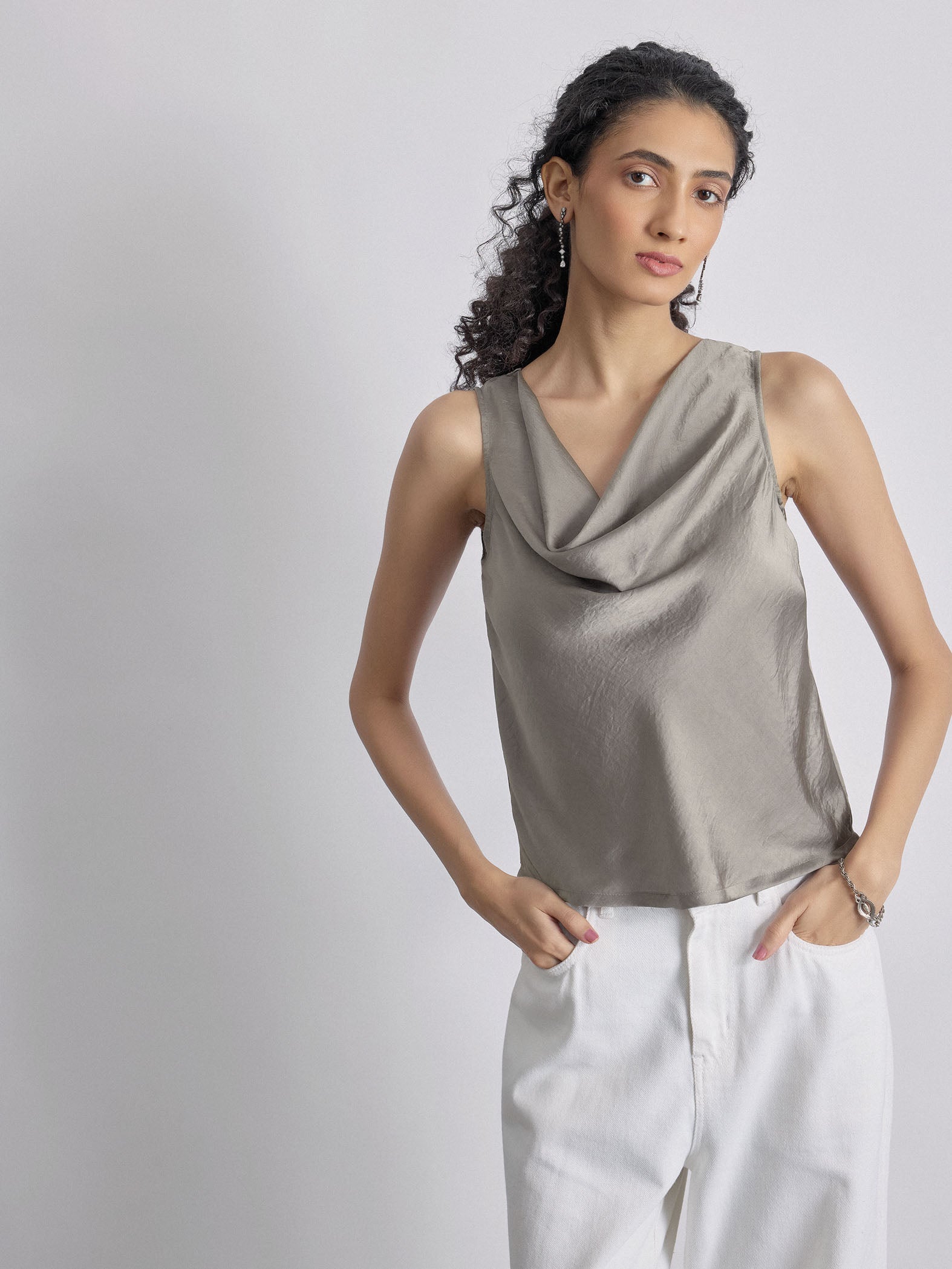 Women's Charcoal Satin Cowl Neck Top