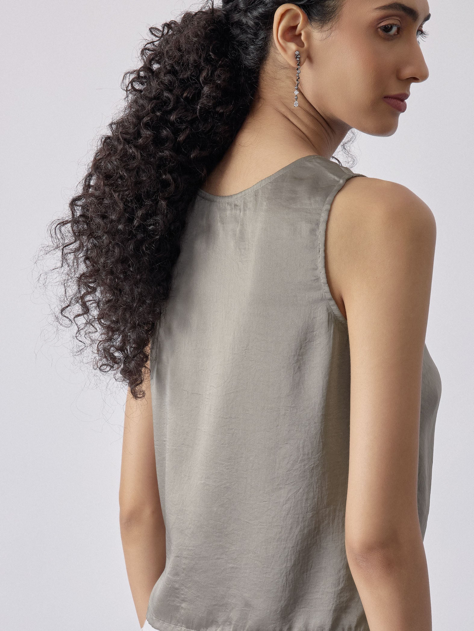 Women's Charcoal Satin Cowl Neck Top