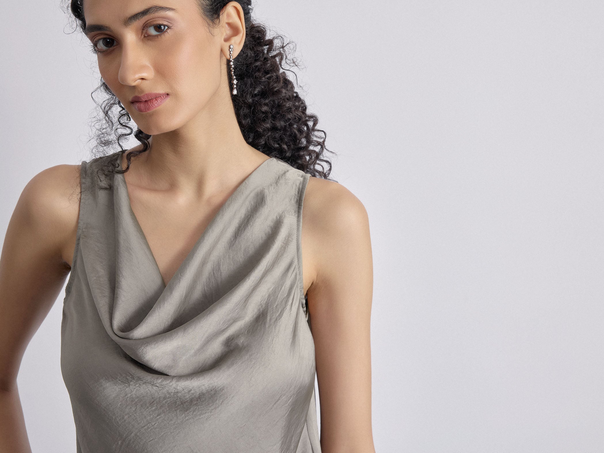 Women's Charcoal Satin Cowl Neck Top