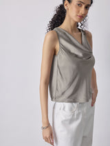 Women's Charcoal Satin Cowl Neck Top