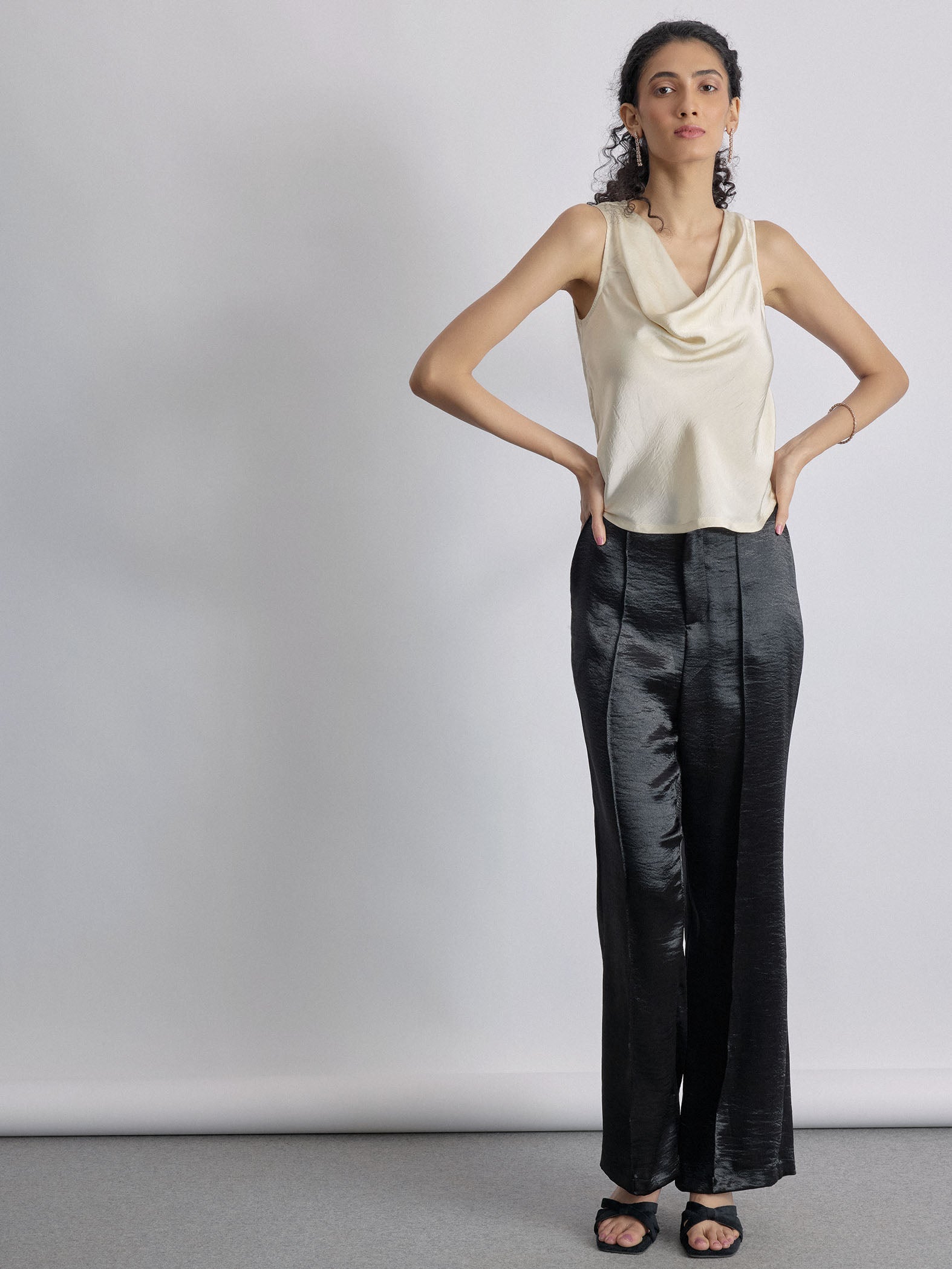 Women's Ivory Satin Cowl Neck Top