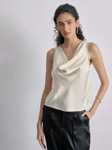 Women's Ivory Satin Cowl Neck Top