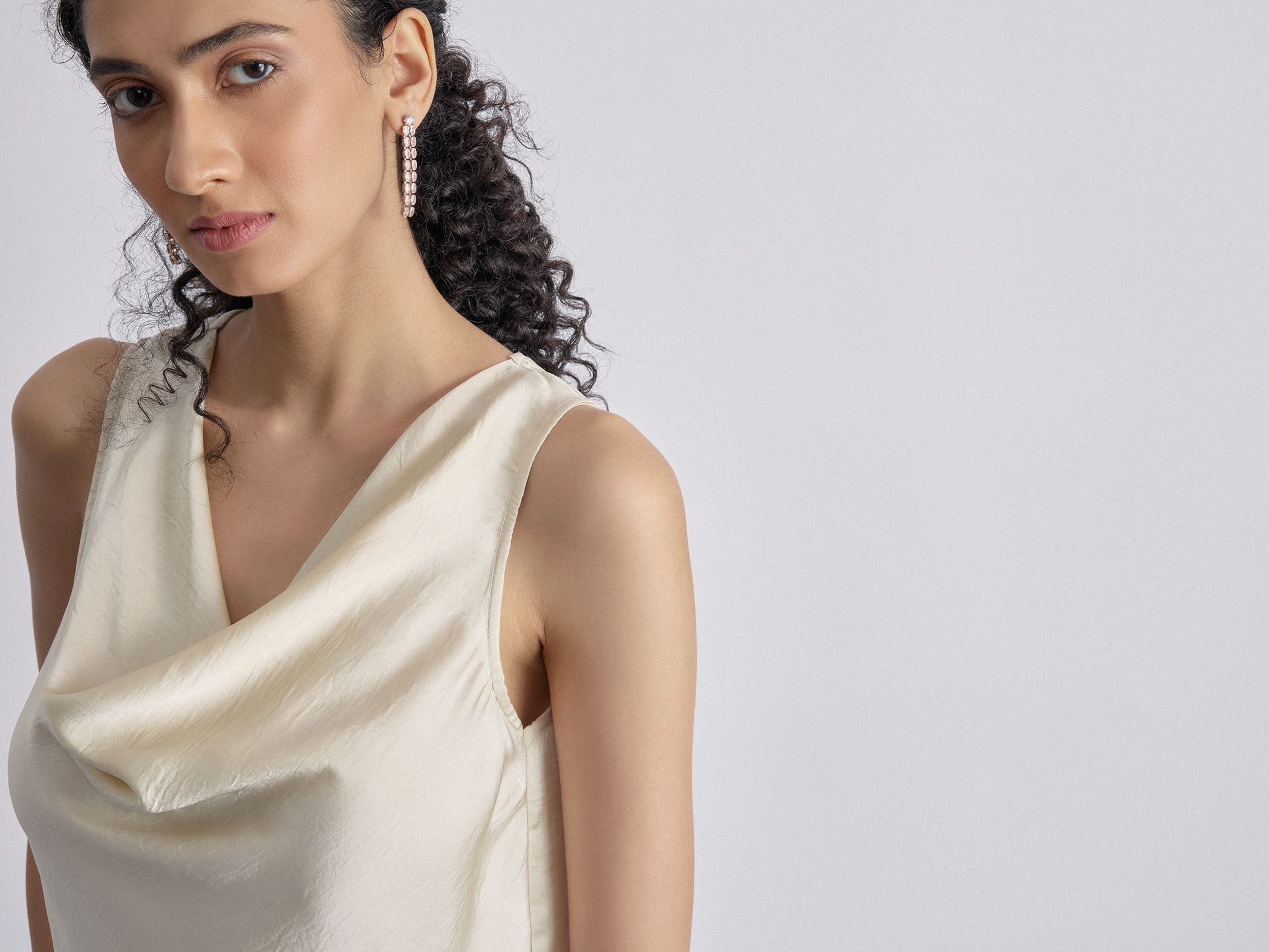 Women's Ivory Satin Cowl Neck Top