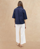 Women's Toefil Navy Cotton Fabric Collared Neck Solid Regular Fit Shirt