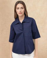 Women's Toefil Navy Cotton Fabric Collared Neck Solid Regular Fit Shirt