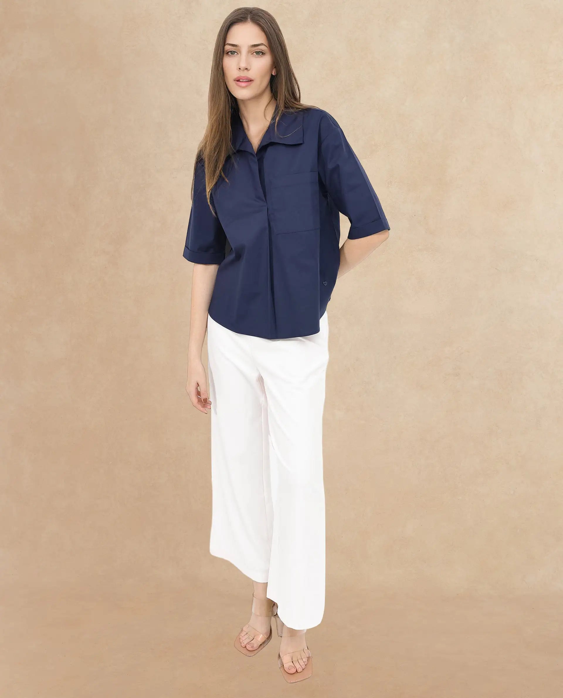 Women's Toefil Navy Cotton Fabric Collared Neck Solid Regular Fit Shirt