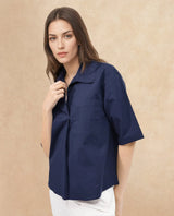 Women's Toefil Navy Cotton Fabric Collared Neck Solid Regular Fit Shirt