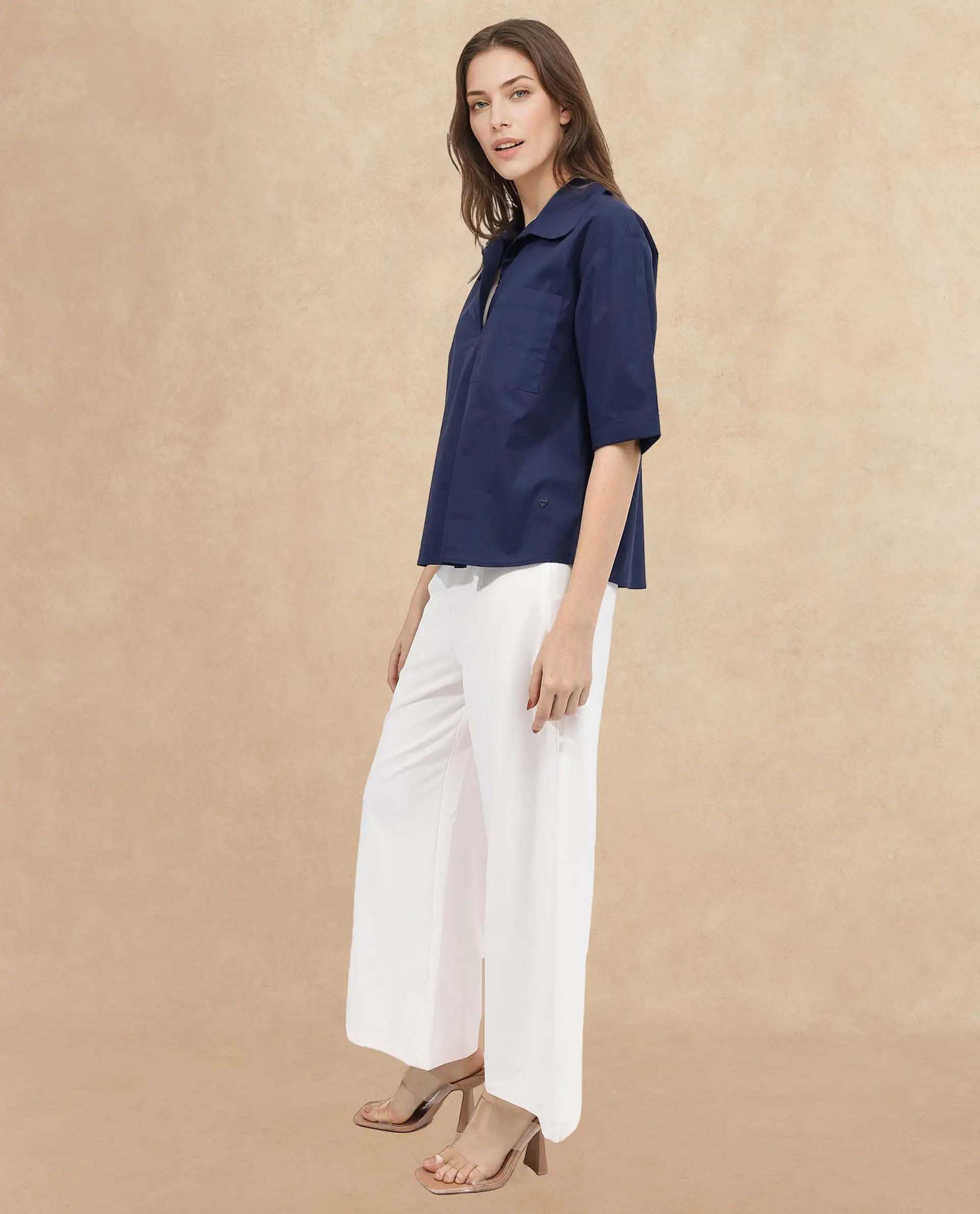 Women's Toefil Navy Cotton Fabric Collared Neck Solid Regular Fit Shirt