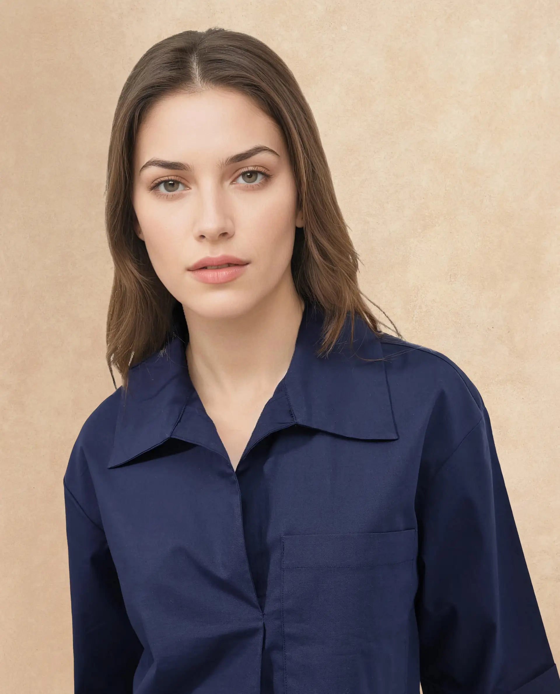 Women's Toefil Navy Cotton Fabric Collared Neck Solid Regular Fit Shirt