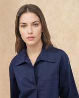 Women's Toefil Navy Cotton Fabric Collared Neck Solid Regular Fit Shirt