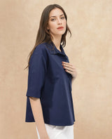 Women's Toefil Navy Cotton Fabric Collared Neck Solid Regular Fit Shirt