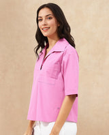 Women's Toefil Pastel Pink Cotton Fabric Collared Neck Solid Regular Fit Shirt