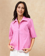 Women's Toefil Pastel Pink Cotton Fabric Collared Neck Solid Regular Fit Shirt