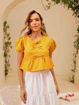 Women's Printed Tie-Up Neck Puff Sleeve Cotton Top