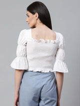 Women's White Smocked Fitted Pure Cotton Top