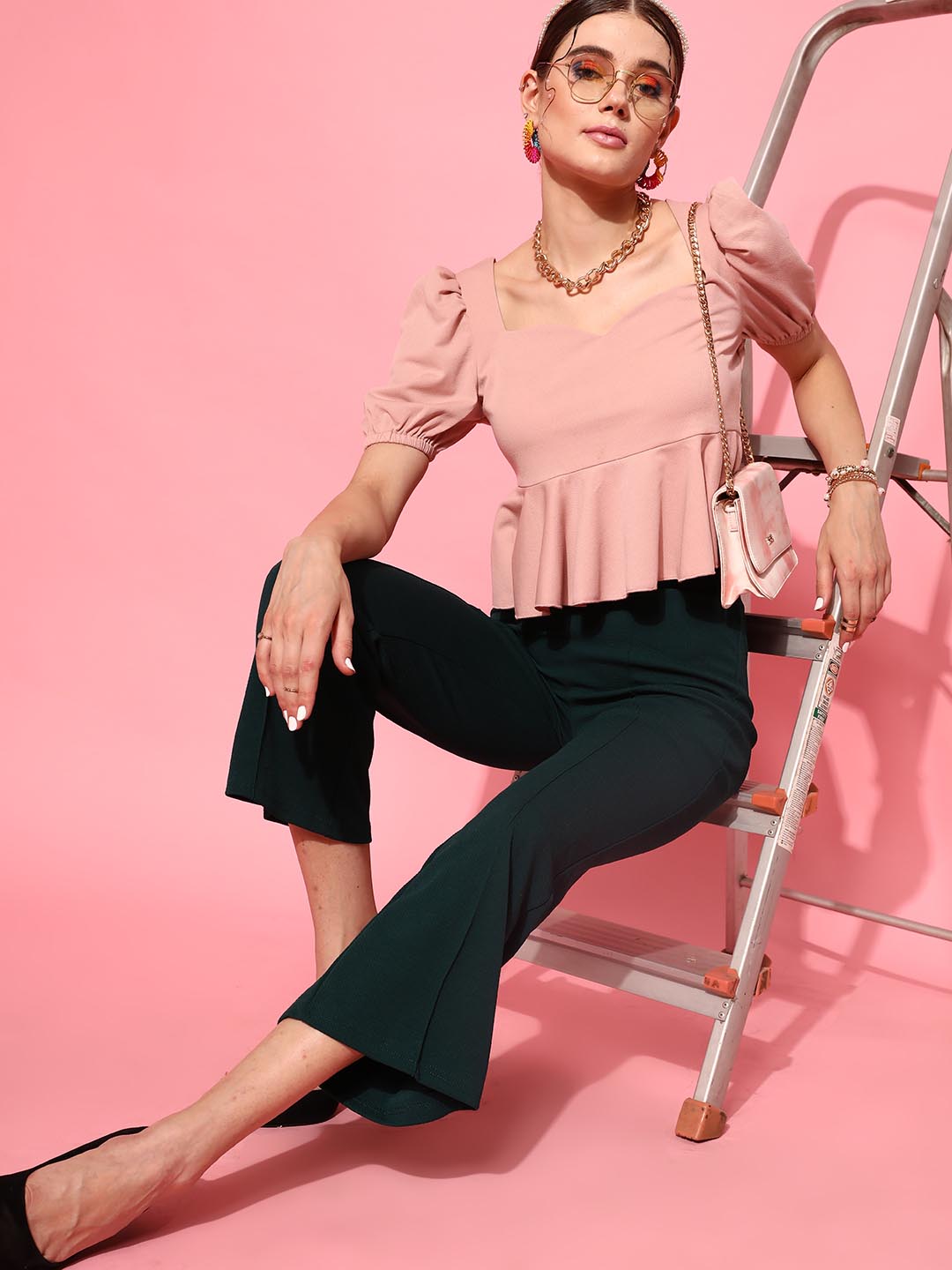 Women's Pink Crepe Peplum Top